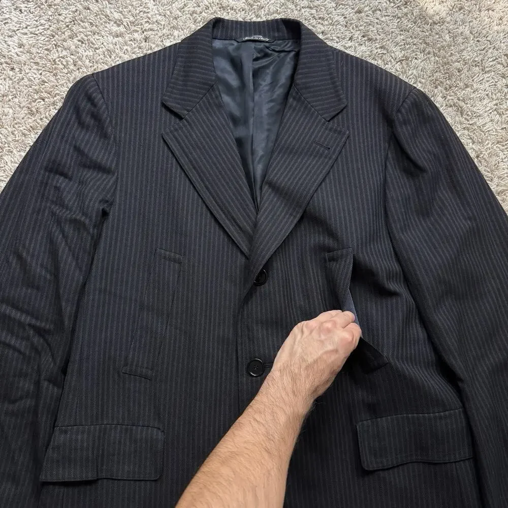 Vintage Canali Made In Italy Thick Wool Black Striped Long Suit Jacket Size 54L